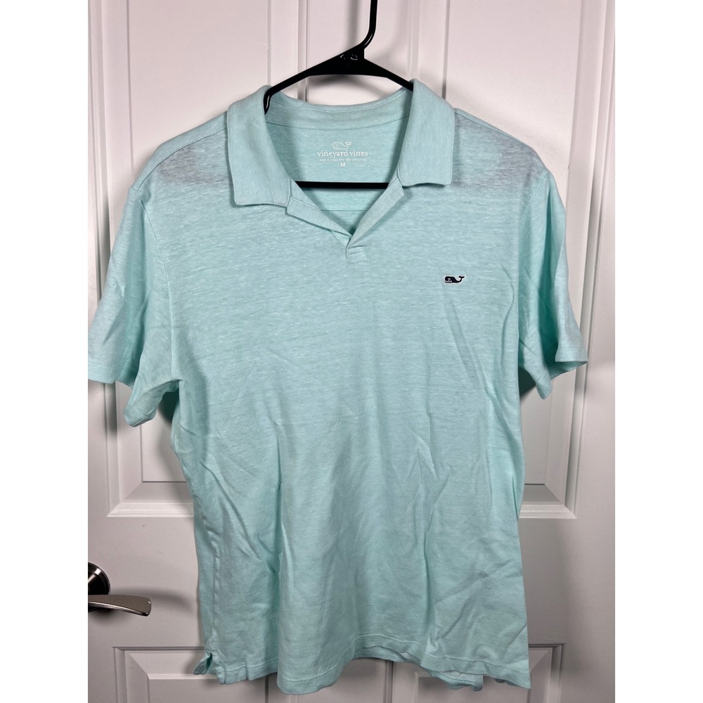 Vineyard Vines Mens Linen Cotton Blend Polo Shirt Mint Green Aqua Whale Logo M